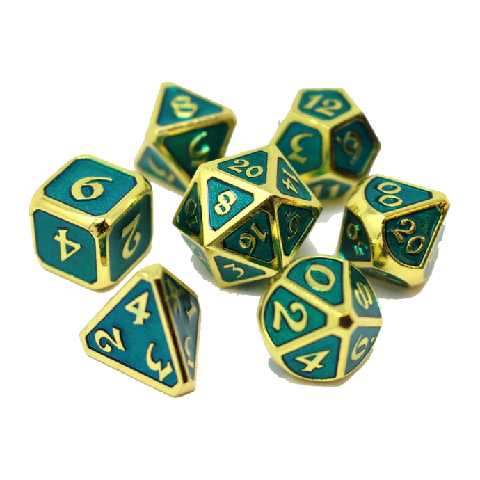 DHD Metal RPG Dice Set Mythica Gold Aquamarine