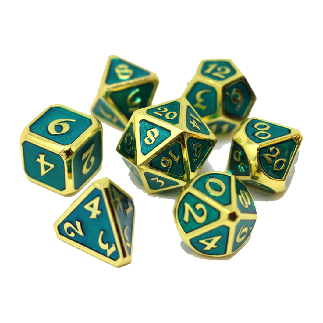 DHD Metal RPG Dice Set Mythica Gold Aquamarine